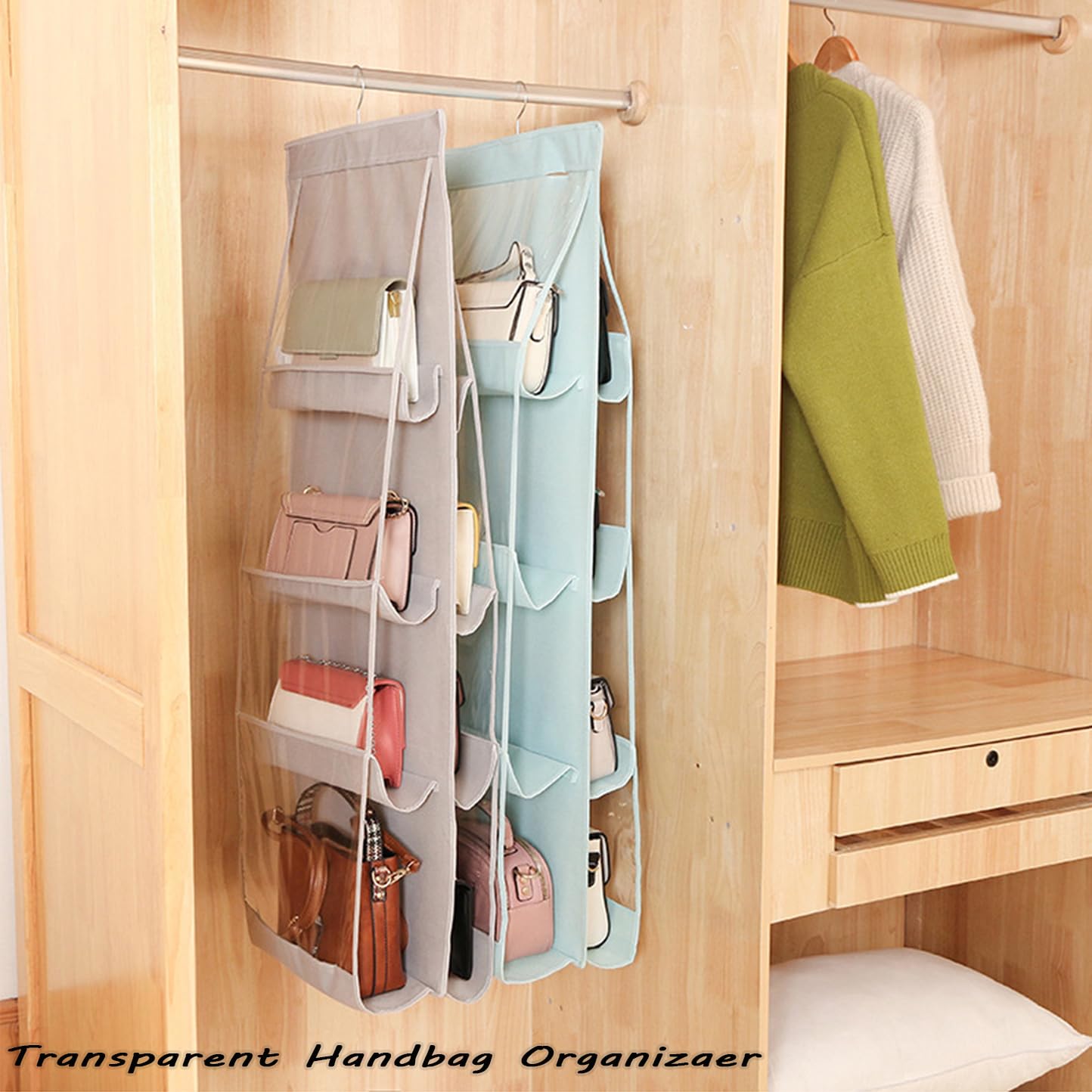 AARAINBOW 1 Pack Hanging Handbag Purse Organizer, Bags Organizor for Purse 8 Pockets Wardrobe Closet Space Saving Handbag Storage, 44.5L x 13.5W (B-Light Gray)