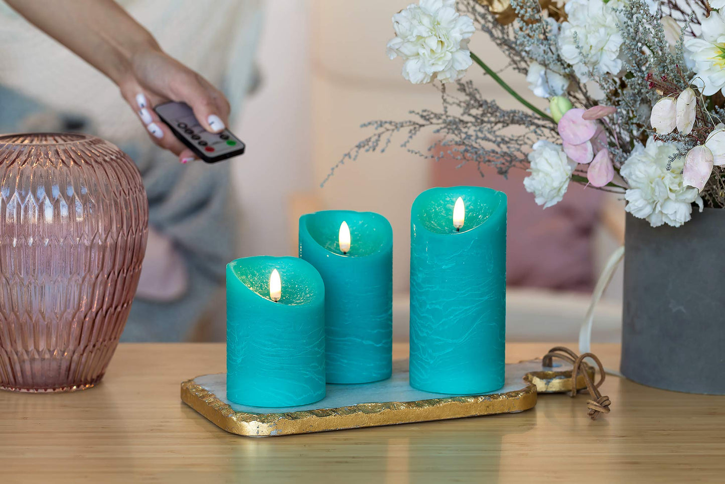 VENTA Flickering Flameless Candles with Remote Control - Led Candles Battery Operated - Battery Operated Candle for Decoration Table, Timer & Dimmer Features, Set - 3Pcs (4",5",6") (Turquoise)