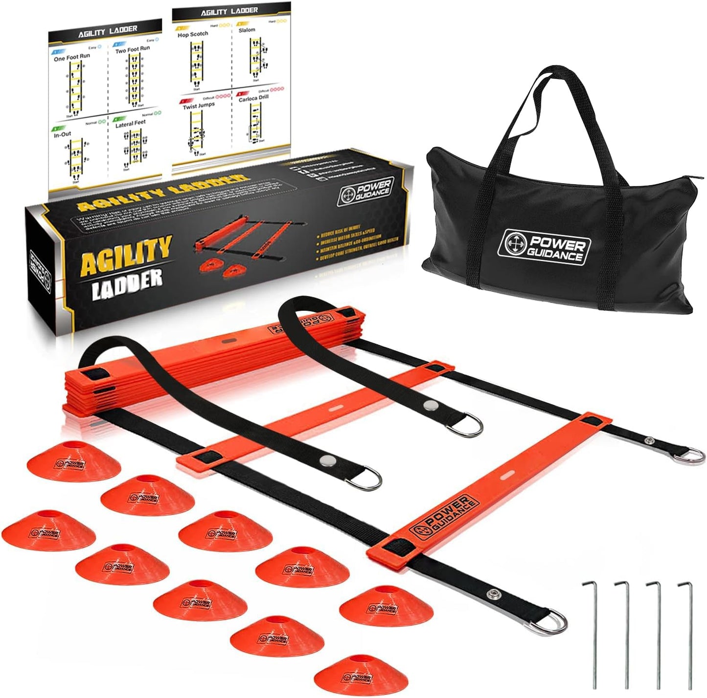 POWER GUIDANCE Agility Ladder (20 Feet) with Cones for Speed Agility Training & Quick Footwork Exercise - Soccer & Football Training Equipment for Adults, Youth & Kids (Red)