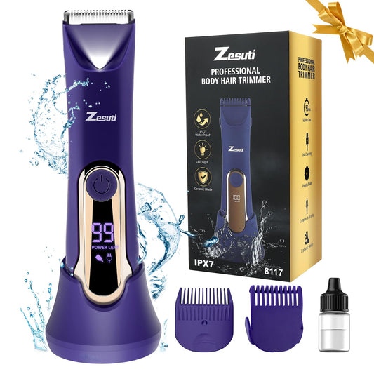 Zesuti Bikini Trimmer for Women,Electric Razors for Women & LED Display,Wet/Dry Pubic Body Hair Trimmer,IPX7 Waterproof-Easy Cleaning Body Shaver Bikini Razor,Ceramic Blade,Women's Gifts,Purple