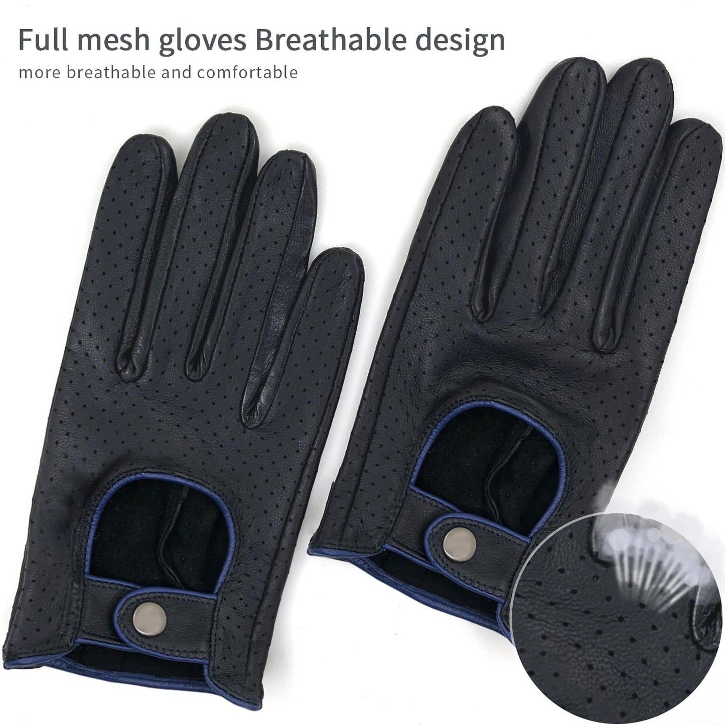 Zjjseloru Mens Genuine Lambskin Leather Driving Gloves Unlined, Touchscreen, Black&blue, XXL