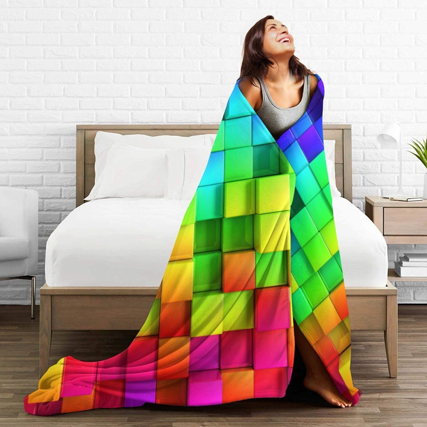 Gbuzozie Rainbow Colorful Boxes Pattern Fleece Blanket Lightweight Ultra-Soft Throw Blanket for Sofa Couch Bed Camping Travel - Super Soft Cozy Microfiber Blanket 50"X40"