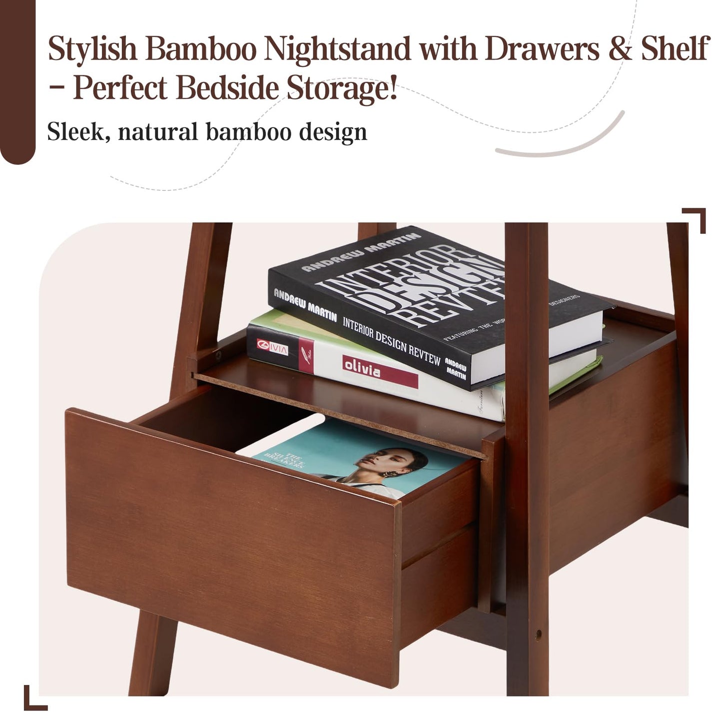 Danrelax Nightstand with Drawer and Storage Shelf, Small Bedside Table for Bedroom, Sturdy & Stylish Brown Bamboo Bed Side Table
