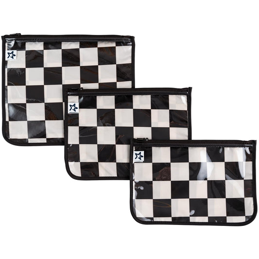 Tiny Twinkle Mess-proof Travel Bags, Airline Compliant, Zipper Closure, Clear Front Pouch, Diaper Bag Packing, Toiletry or Cosmetics Organizer 3 Pack Set (Black Checkers)