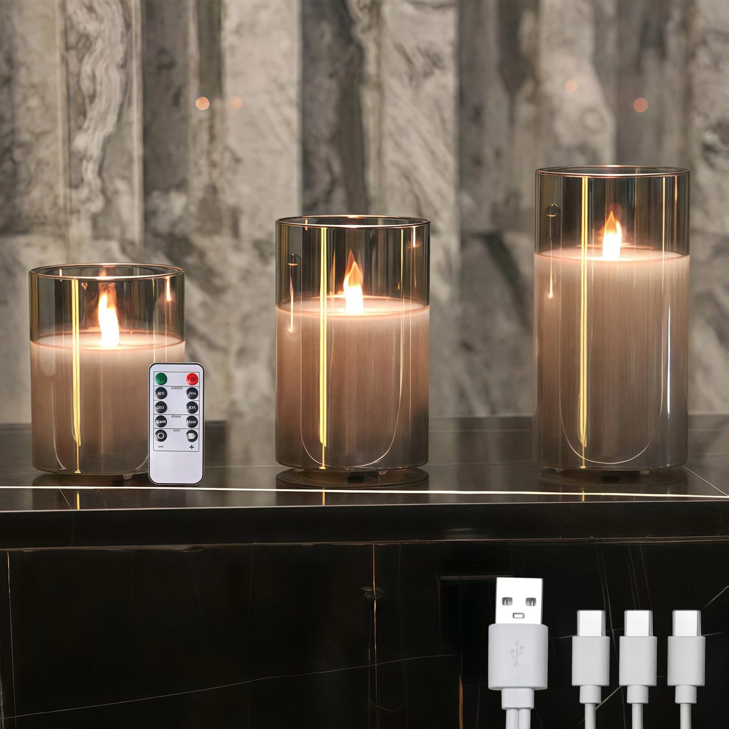 200 Hour Flameless Candles with Remote, Rechargeable Flickering Glass Pillar Candles with Remote and Timer, Moving Flame for Halloween Christmas Festival Wedding Home Party Decor