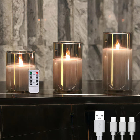 200 Hour Flameless Candles with Remote, Rechargeable Flickering Glass Pillar Candles with Remote and Timer, Moving Flame for Halloween Christmas Festival Wedding Home Party Decor