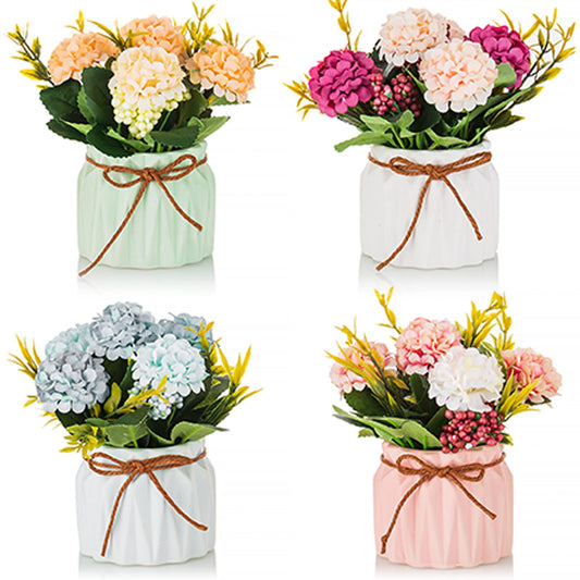 BLOSMON Fake Flowers in Vase for Centerpieces: 4 PCS Small Artificial Hydrangea with Vase Table Decor - Faux Floral Arrangements Desk Home Party Bathroom Office Decorations