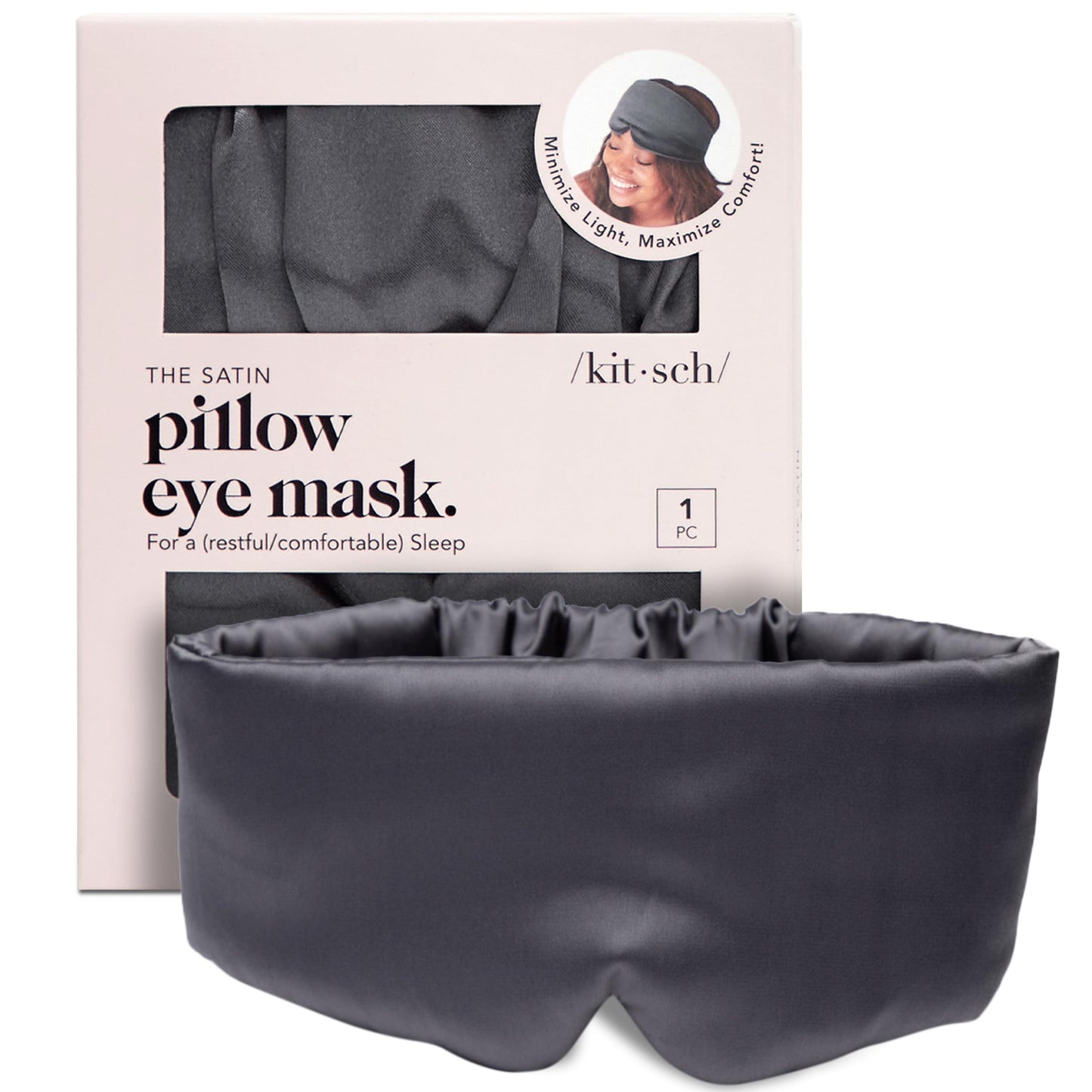 Kitsch Satin Sleep Mask - Eye Mask for Sleep, Softer Than Silk Satin Sleeping Mask Blindfold and Sleep Masks for Women and Men, Eye Care Travel Essentials - Charcoal Black