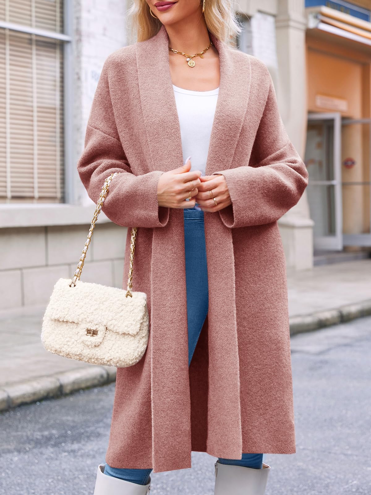 Saodimallsu Womens Long Cardigan Sweaters Chunky Open Front Oversized Slouchy Knit Fall Trendy Coatigan Jackets Pink