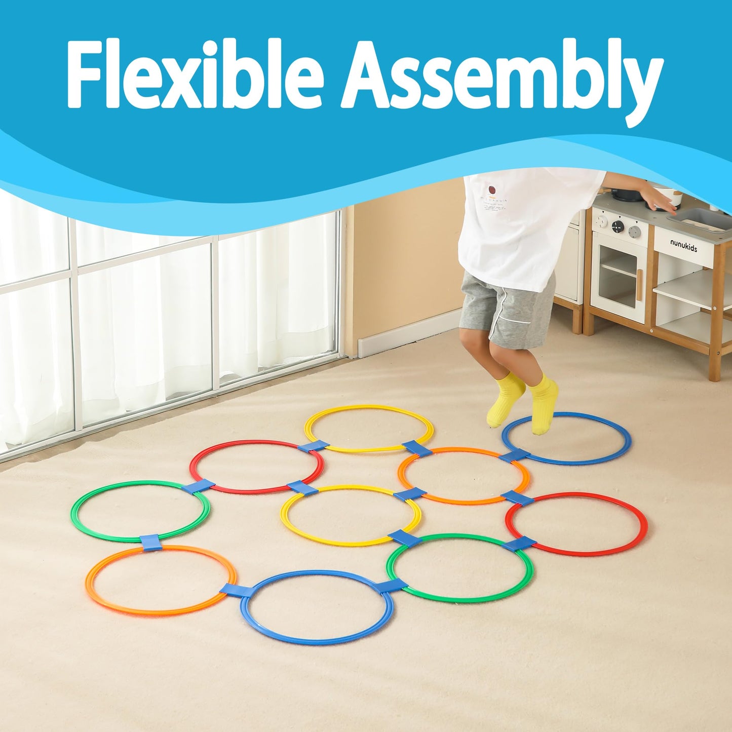 Oranmew 2 Sets Hopscotch Rings, 20 Plastic Round Hoops with 30 Connectors for Toddlers Gross Motor Skills, 11 Inch Indoor/Outdoor Agility Rings for Kids Playground Obstacle Course