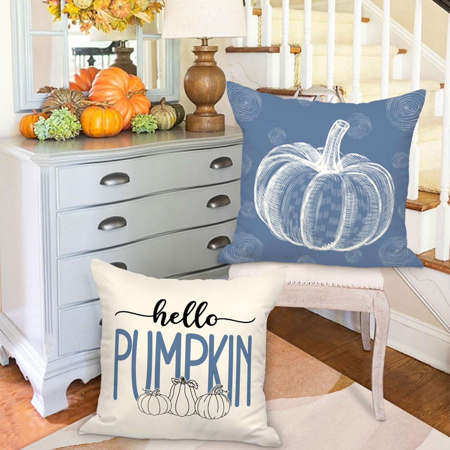 Ywlake Blue 18x18 Throw Fall Pillow Covers Set of 4, Maple Leaf Pumpkin Decorative Holiday 18 x 18 Autumn Cushion Covers Thanksgiving Pillow Case for Indoor Home Bedroom Couch Sofa Decor