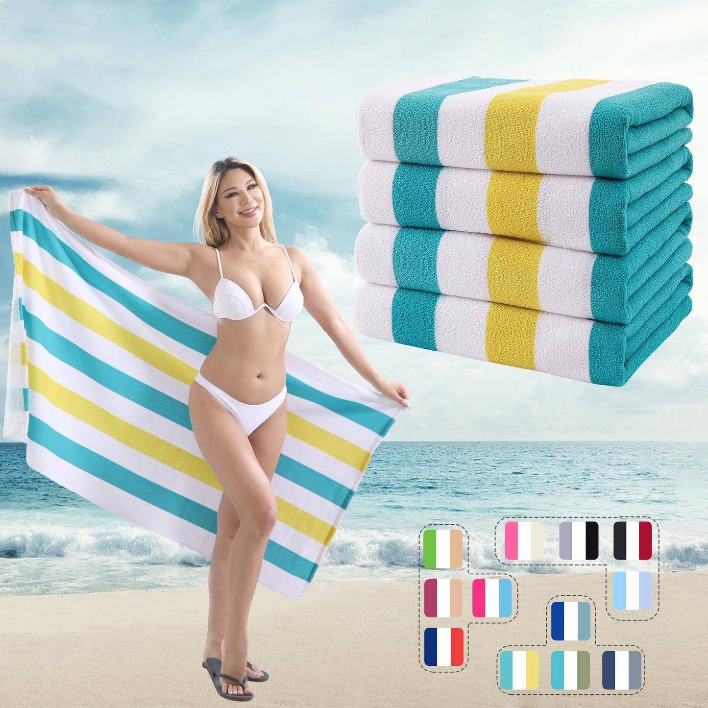 Beach Towel Set-4 Pack 30"x60" Sand Free Stripe Beach Towel for Pool,Bathroom,Soft Absorbent Quick Dry Lightweight Beach Bath Towel,Camping Blanket,Travel Towel,Beach Essentials for Adults,Teal/Yellow