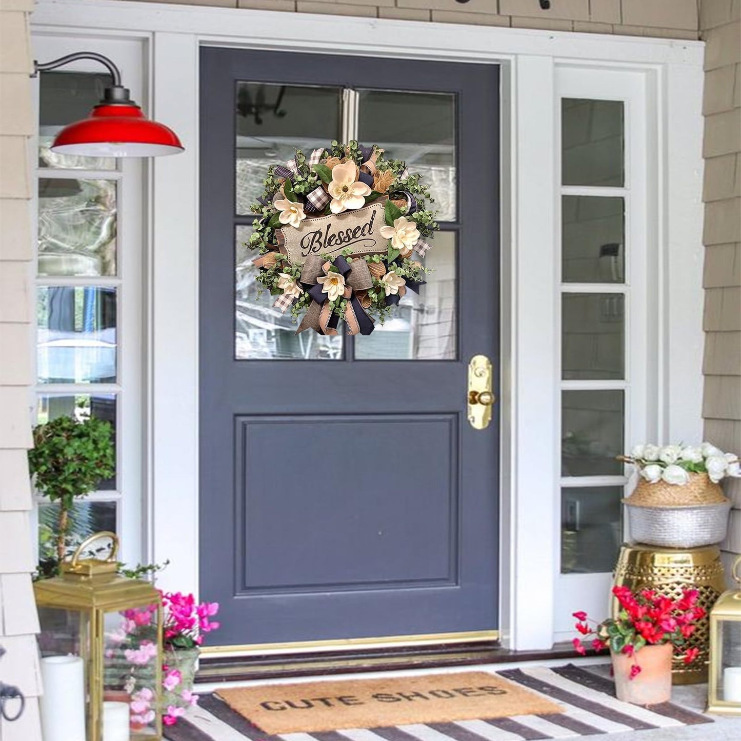 Spring Summer Wreath for Front Door,Farmhouse Magnolia Porch Decoration,Front Door Hanger,Housewarming Gift, Buffalo Plaid Year Round Wreath,Summer Home Decor