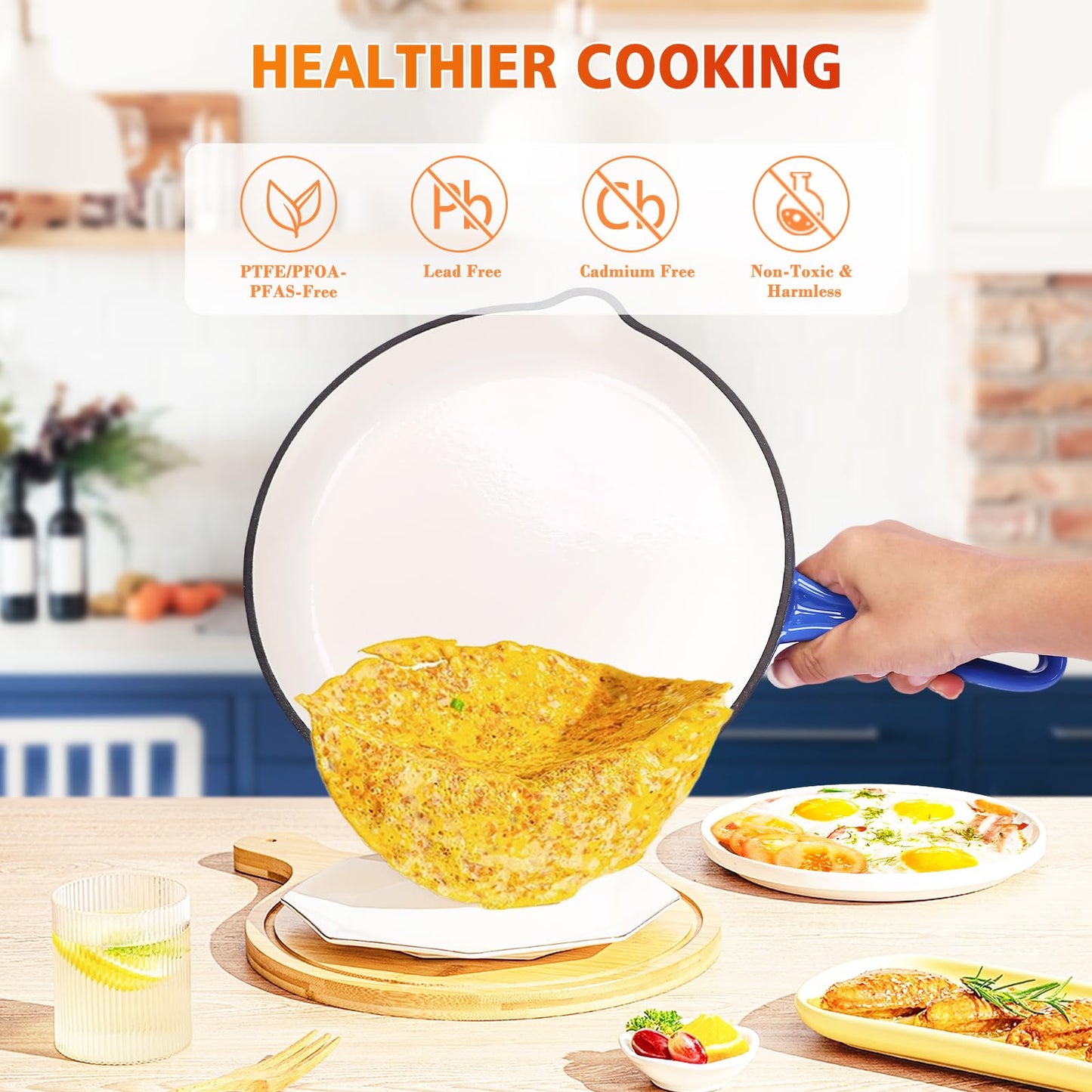 Hisencn 7-Piece Enameled Cast Iron Cookware Set-Dutch Ovens, Skillet & Saucepan with Lids- Ceramic Coated, Heavy Duty, Gas/Induction Compatible, Oven Safe to 550°F, PFOA-Free, Cobalt Blue