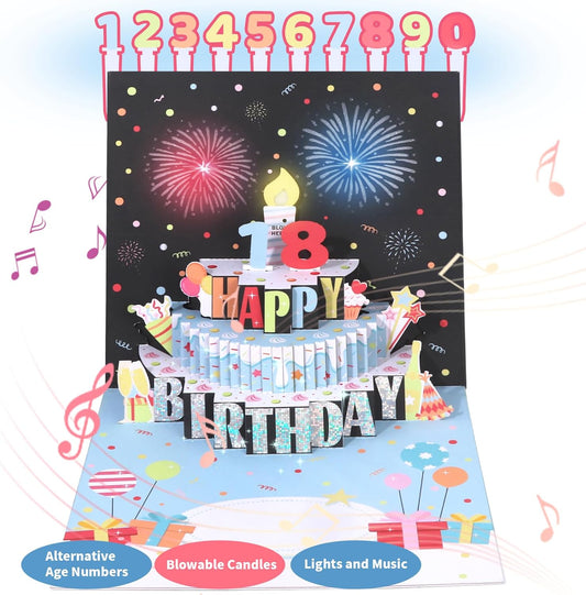 Decute 3D Pop Up Musical Happy Birthday Greeting Cards with Blowable LED Candle & Age Numbers Cards, Funny Card with Music & Cheers Sound, Best Birthday Gift for Women Mom Dad Husband Wife Sister…