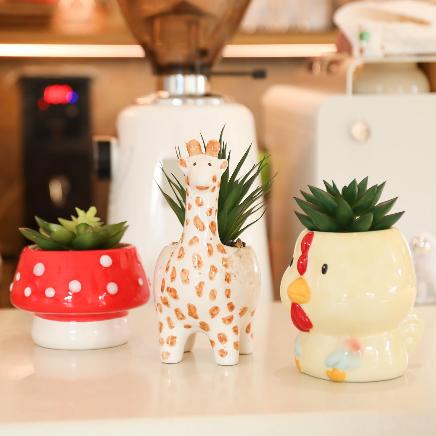 Chonsun Set of 3 Small Fake Succulent Plant in Cute Animal Ceramic Pot Small Artificial Succulent Plants Desk Plant for Home Office Shelf Decor
