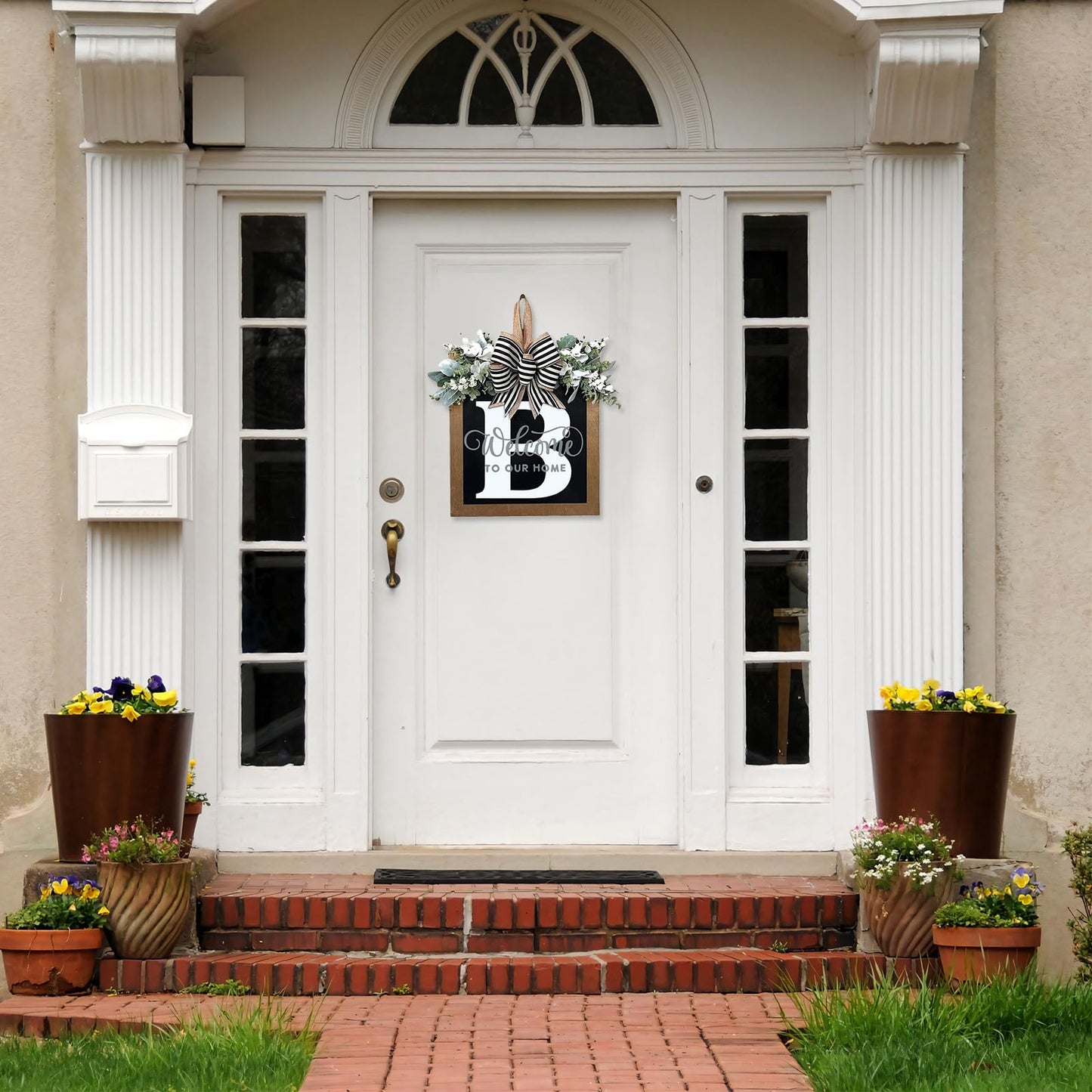 Ultra Large 14'' Last Name All Year Round Front Door Wreath with 26 Initial Letter Welcome Sign All Seasons Eucalyptus Garland and Bow Wreaths for Front Door Porch Farmhouse Decoration (B)