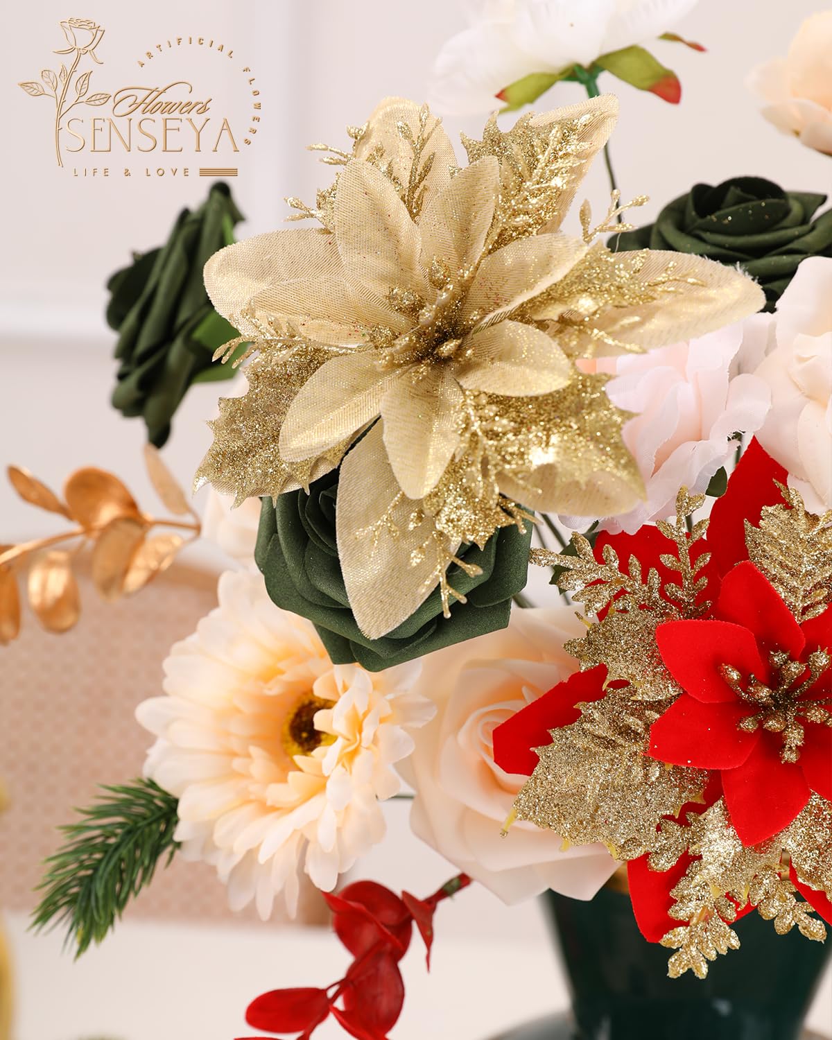 Senseya Artificial Christmas Flowers Poinsettia Combo Set, Mix Silk Flowers Fake Roses with Stems, for DIY Tree Ornaments Xmas Wreath Floral Arrangements Centerpieces Home Christmas Decorations