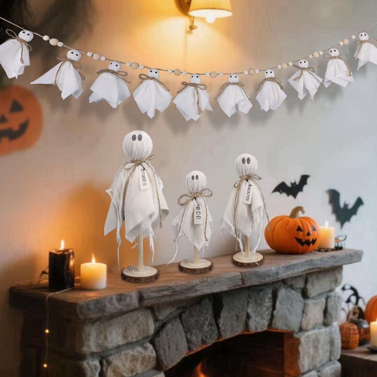 DR.DUDU 3 Pack Halloween Ghost Decor - Primitive Wooden Ghost Kit for Table Centerpiece Indoor Decorations, Spooky Cute Ghosts for Farmhouse Shelf Mantel Kitchen Home & Office Decor
