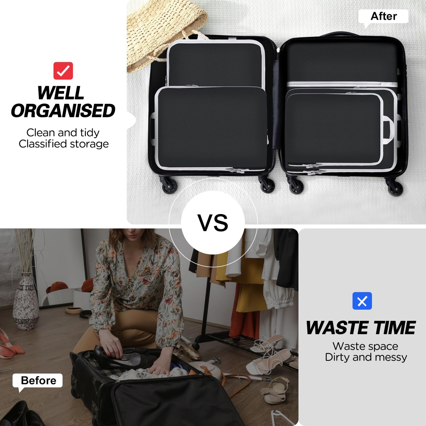 Compression Packing Cubes for Travel,Waterproof Packing Compression Cubes for Travel Packing Organizers,Luggage Cubes for Packing,Ultralight Expandable Packing Cubes Compression (Black 5 Pack)