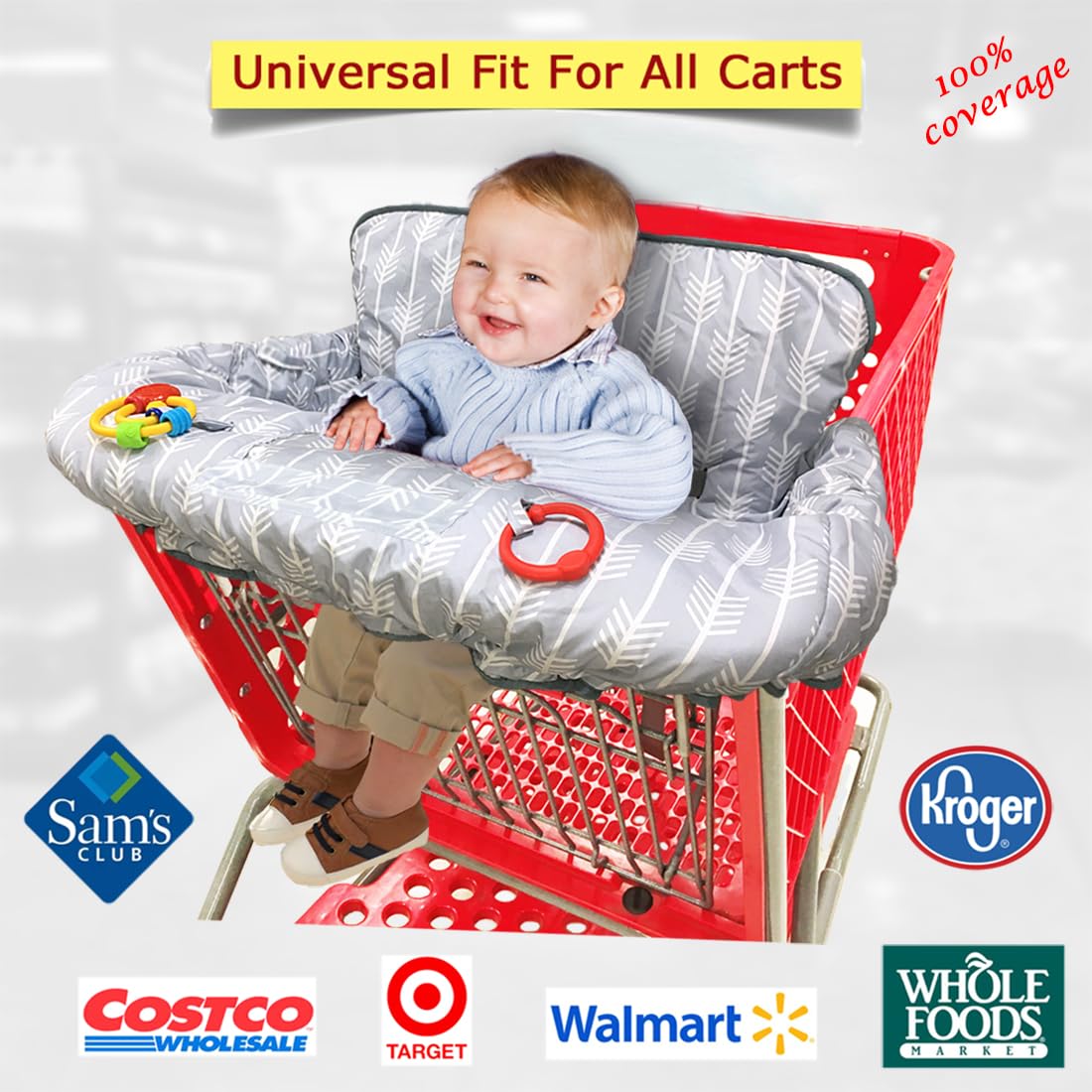 Shopping Cart Cover for Baby Grocery Cart Cover for Baby boy and Baby Girl, High Chair Cover for Baby and Toddler, Baby Registry Gift - Waterproof - Extra Large - Cotton - Double Sided (Light Grey)