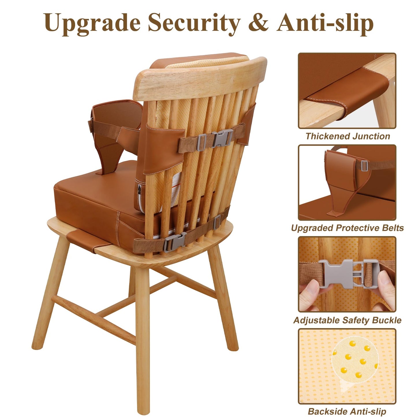 TOTIDYH Toddler Booster Seat for Dining Table, Non-Slip Kitchen Chair Booster Seat with Backrest and Adjustable Straps, Portable PU Waterproof Travel Baby Booster Increasing Cushion
