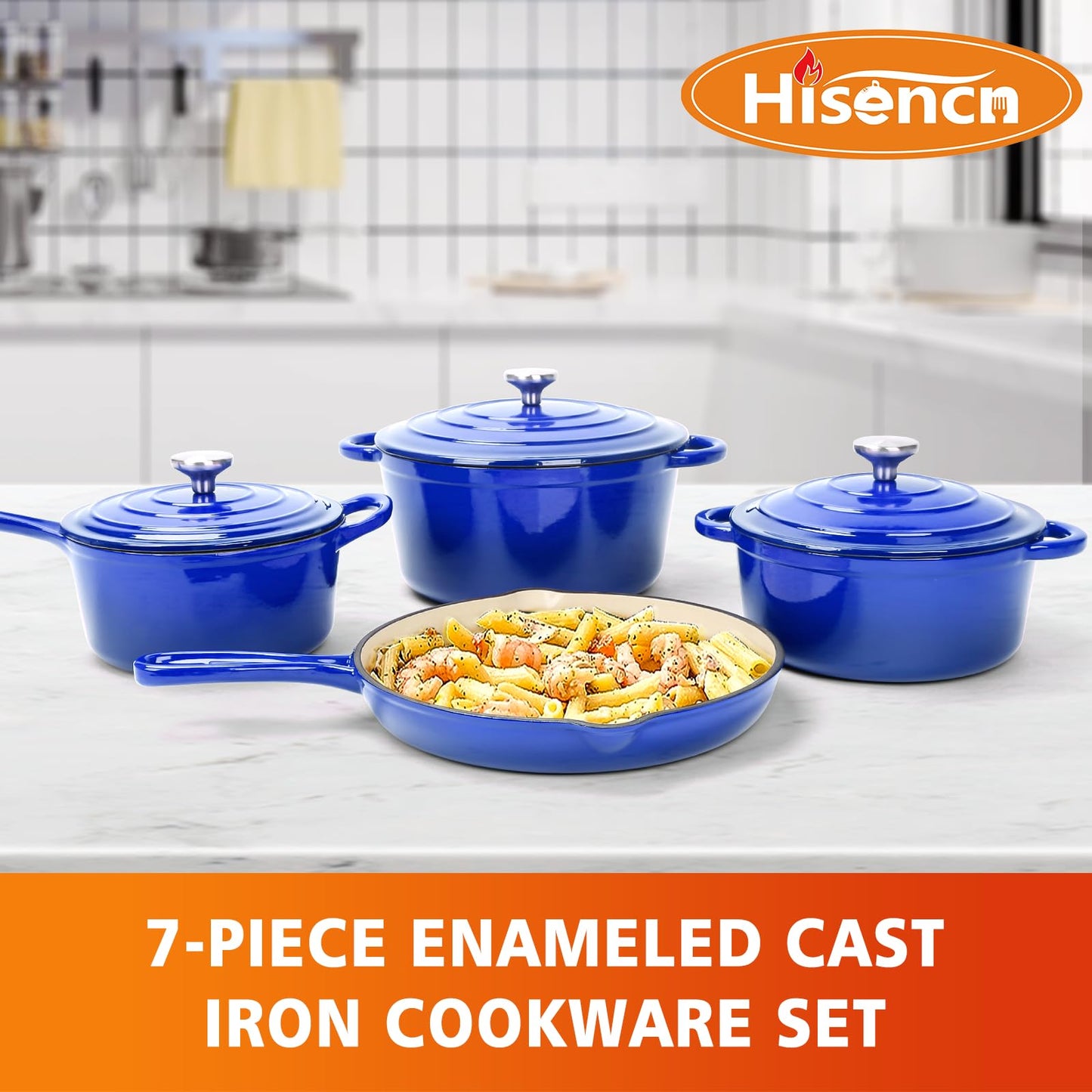 Hisencn 7-Piece Enameled Cast Iron Cookware Set-Dutch Ovens, Skillet & Saucepan with Lids- Ceramic Coated, Heavy Duty, Gas/Induction Compatible, Oven Safe to 550°F, PFOA-Free, Cobalt Blue