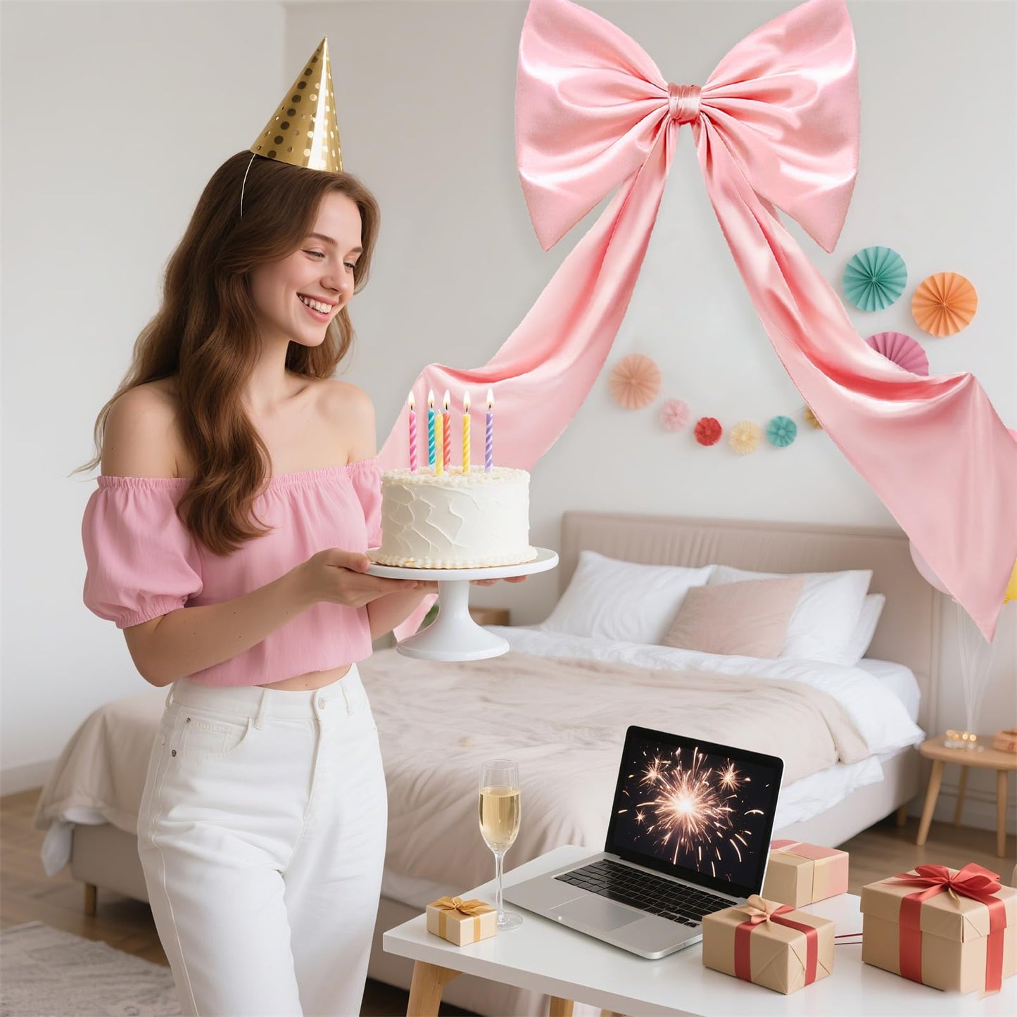 Coquette Large Satin Bow, 24 x 42 Inches, Pink Giant Bow Ribbon Tie for Coquette Room Decor, Birthday Party Backdrop Wall Decoration (Pink)