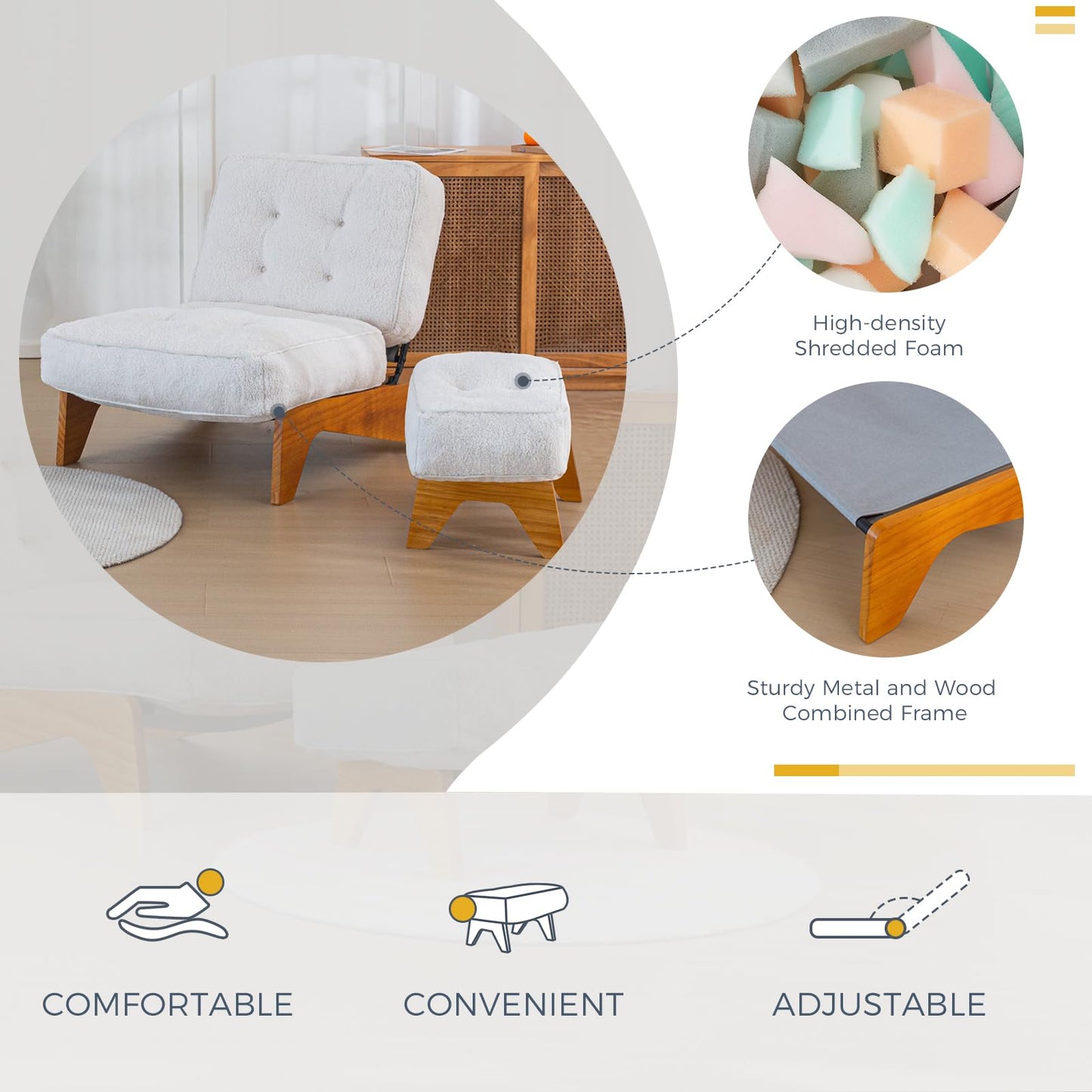 MAXYOYO Adjustable Accent Chair with Ottoman, Thick Cushion Seated Lounge Chair Reclining Chair for Living Room, Cozy Recliner and Footrest Set, Beige