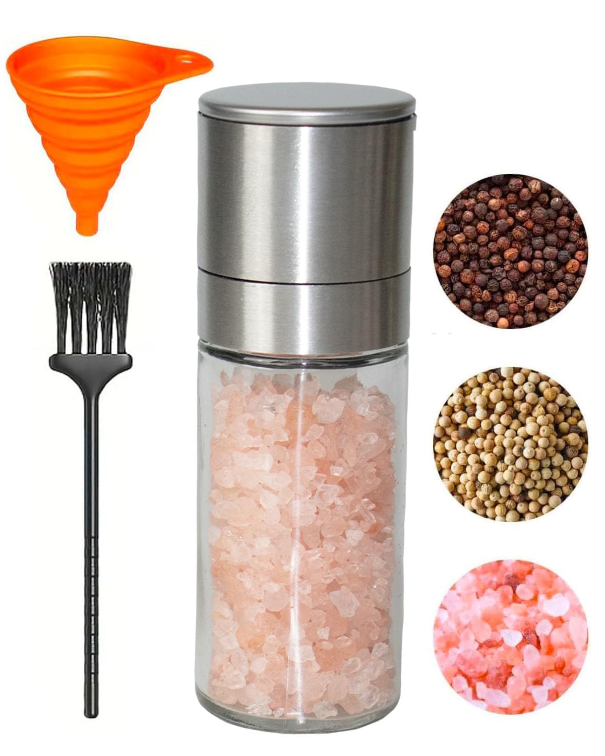 TooWoom Pepper Grinder Salt Grinder, 5 inch Stainless Steel Pepper Mill w/Adjustable Coarseness, Refillable Salt with Funnel, Cleaning Brush, Manual Pepper Grinder for Black Peppercorns