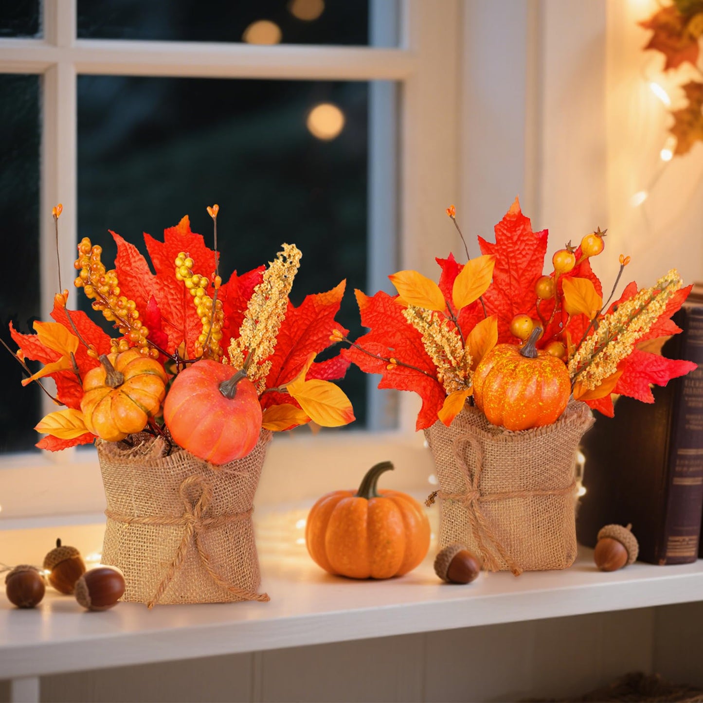 [ 2 Styles ] 2 Pack Fall Decor 10 Inch Tabletop Fall Tree, Maple Tree with Pumpkins Maple Leafed Berried Wheat Burlap Base Thanksgiving Fall Decorations for Home Table Centerpieces Halloween Decor