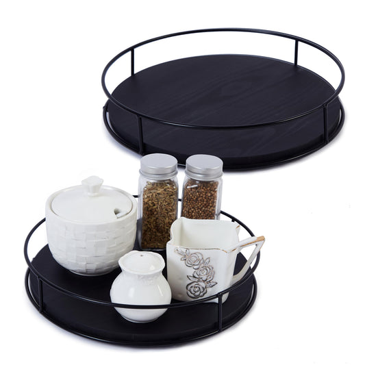 [ 2 Pack ] 9" & 10" Black Wood Lazy Susan Organizers with Steel Sides, Lazy Susan Turntable for Cabinet, Kitchen Turntable Storage for Table, Countertop, Pantry