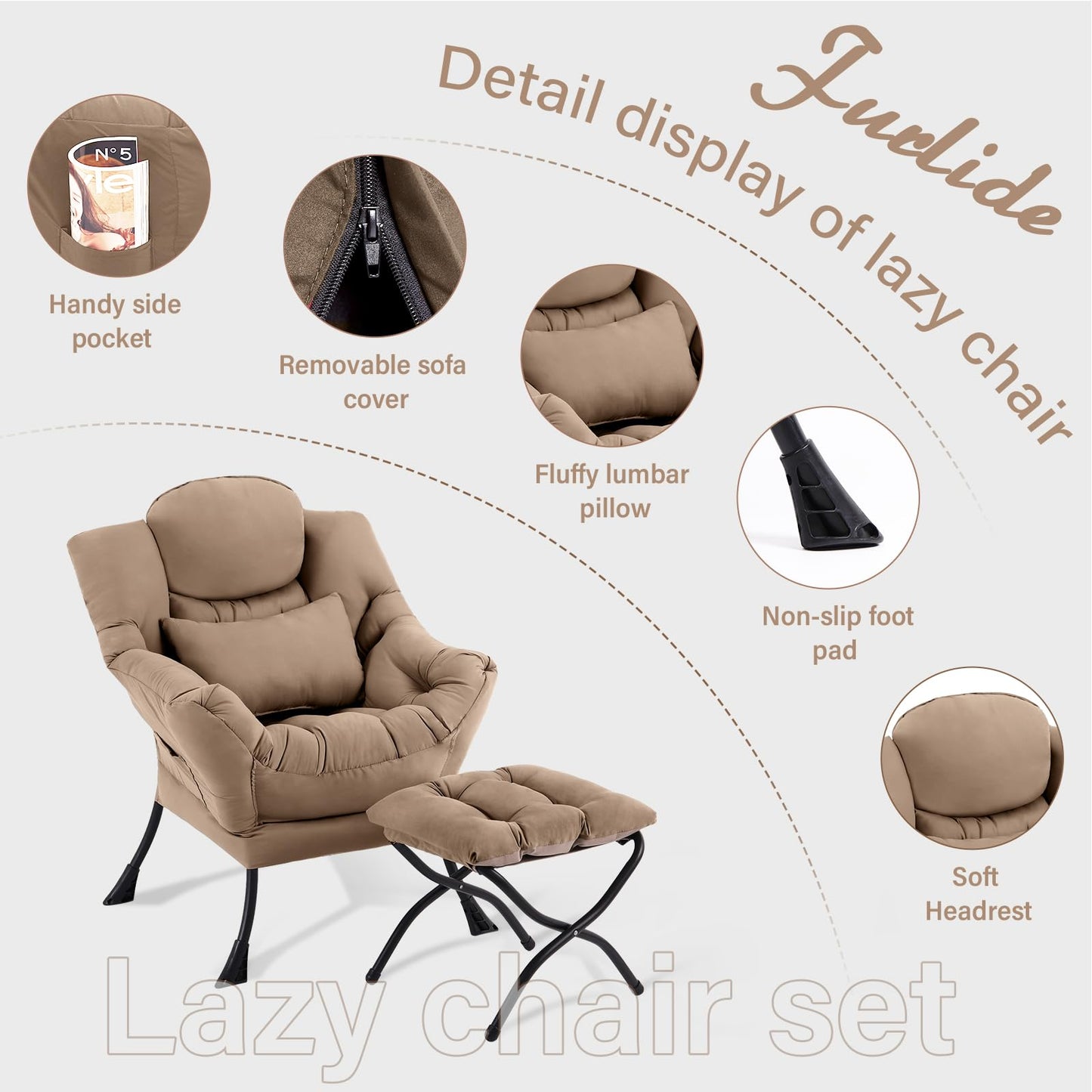 Furlide Lazy Chair with Ottoman, Modern Lounge Armchair with Lumbar Pillow, Accent Cozy Reading Chair and Folding Footstool for Bedroom, Dorm, Living Room,Khaki