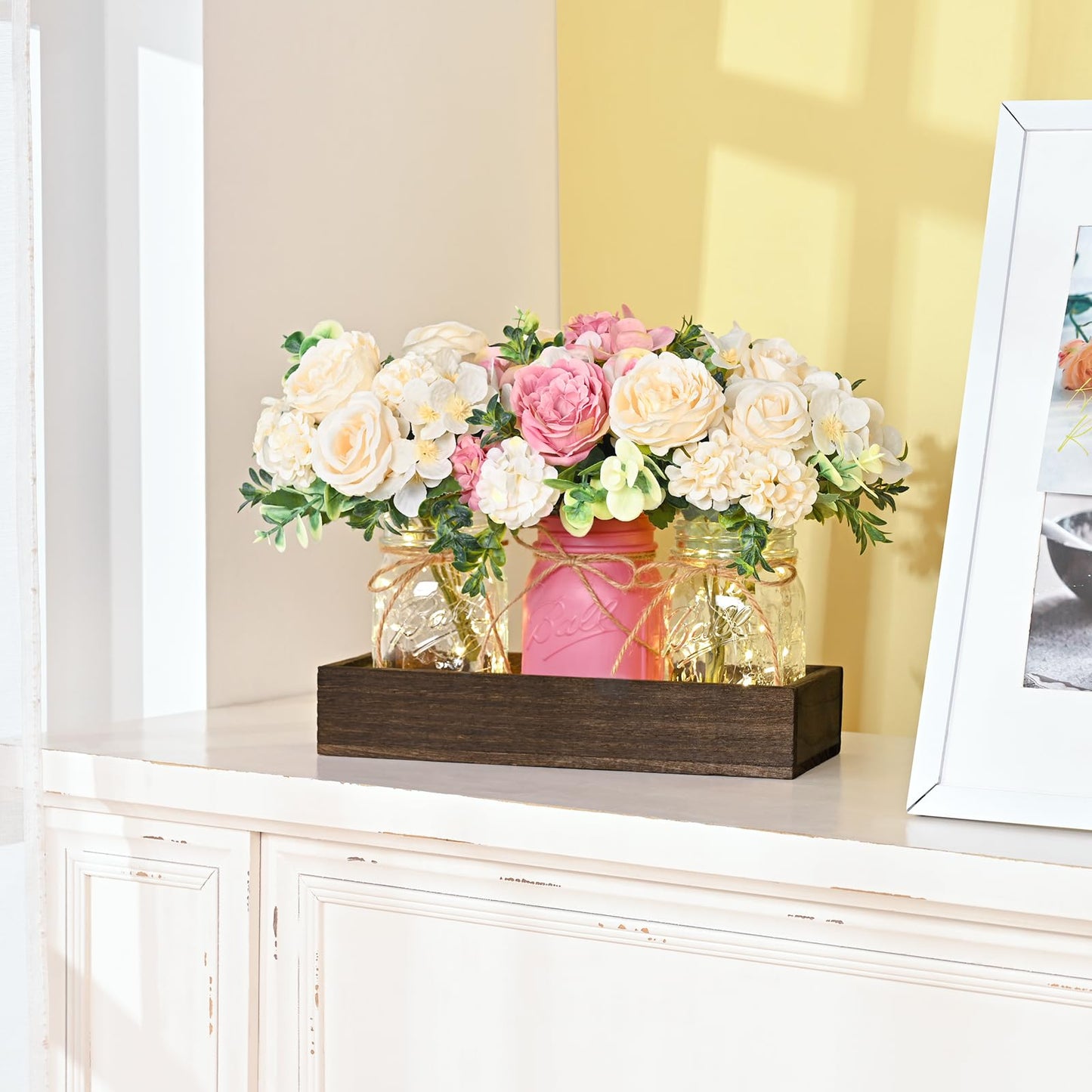 BLEUM CADE Centerpiece Table Decorations - 3Pcs Roses Artificial Flowers in Mason Jars with Wood Tray for Dining Table Coffee Table Farmhouse Home Decor