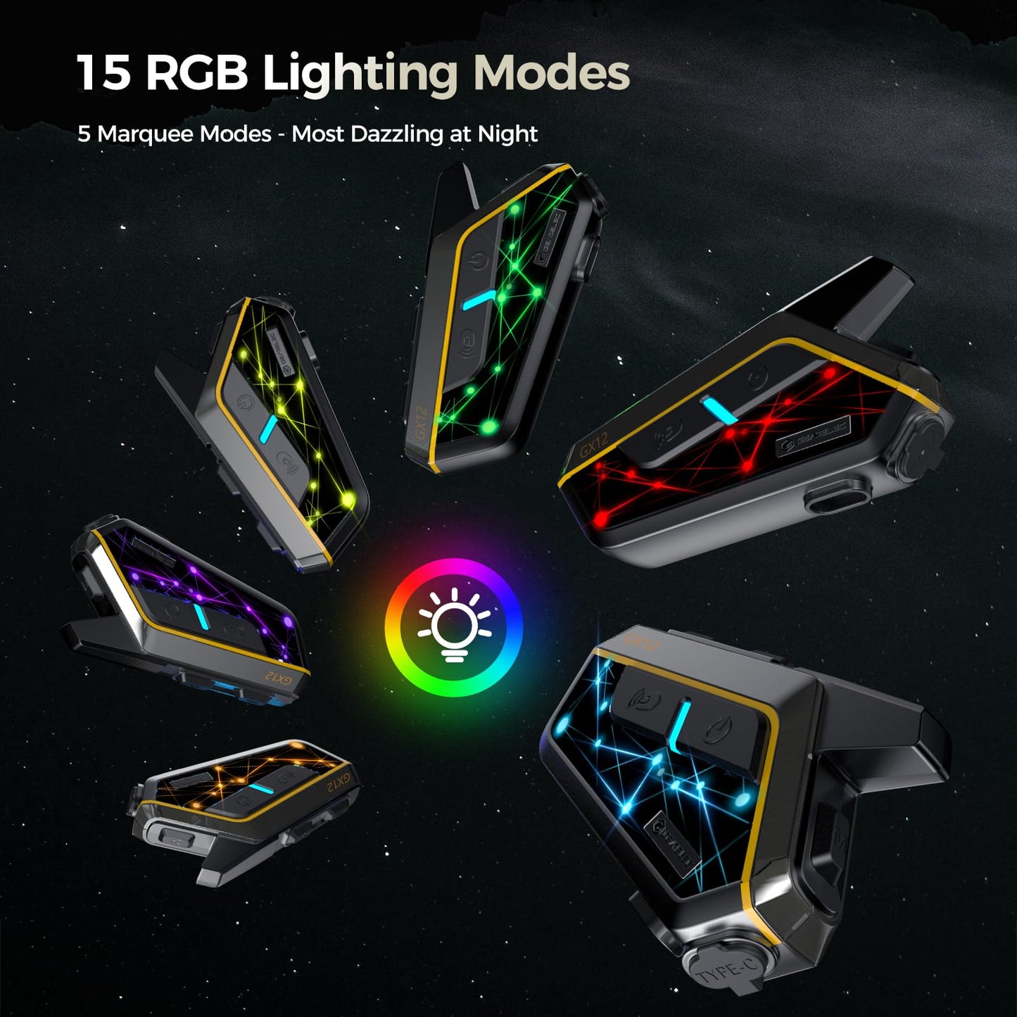 gearelec Helmet Bluetooth Intercom 【Multitasking Audio】【Mesh Intercom】, 10 Riders 2000M Motorcycle Communicaiton Systems，Motorcycle Bluetooth Headset with HiFi Sound/RGB Light/Music Sharing, 2 Pack