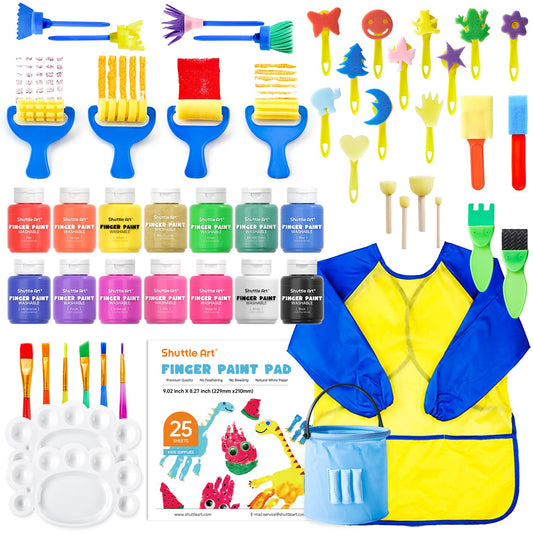 Kids Washable Finger Paints Set, Shuttle Art 33 Pack Non Toxic Kids Painting Set with 10 Colours (60ml) Finger Paints, Paint Pad, Sponge Paint Brushes, Eco Natural for Children and Toddler