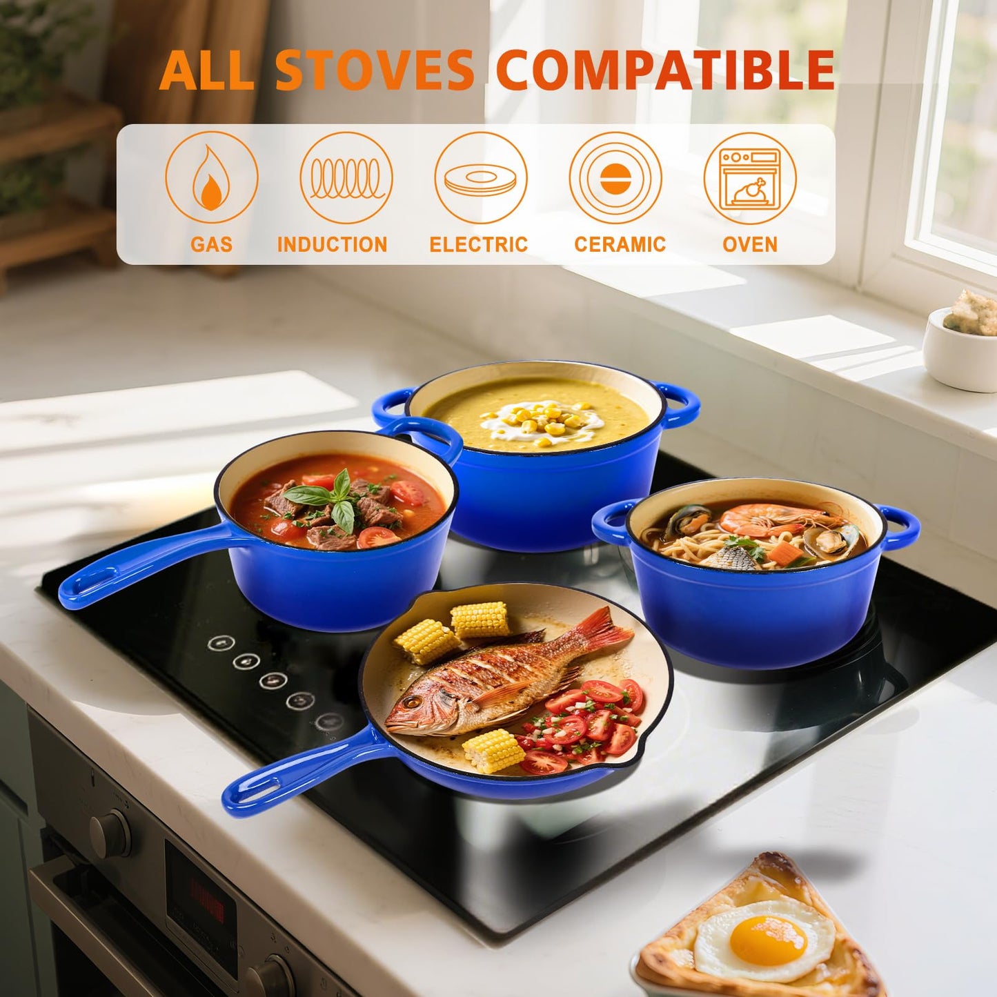 Hisencn 7-Piece Enameled Cast Iron Cookware Set-Dutch Ovens, Skillet & Saucepan with Lids- Ceramic Coated, Heavy Duty, Gas/Induction Compatible, Oven Safe to 550°F, PFOA-Free, Cobalt Blue