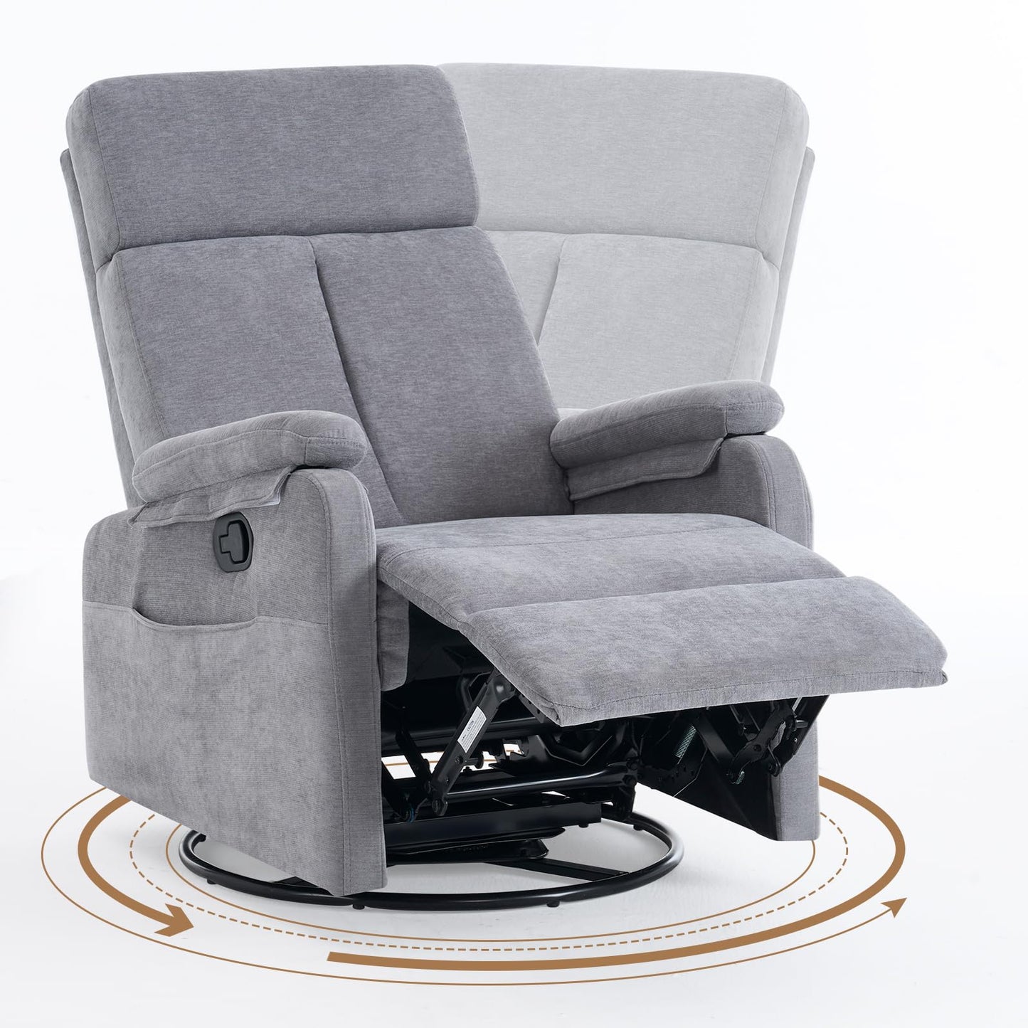 Zuacs Recliner Chair,Swivel Rocking Chair Nursery,Small Rocker Recliner for Small Spaces, Glider Recliner Nursery Chair for Adults with Side Pockets for Living Room, RV, Upholstered Fabric Grey