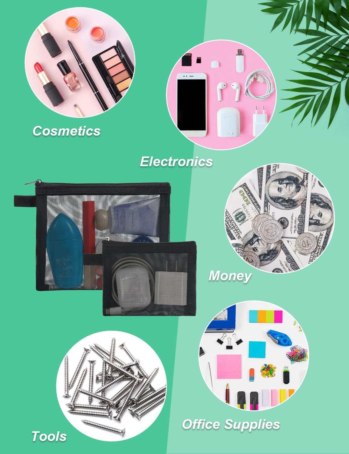 besharppin 4 Pack Mini Cosmetic Bags, Small Mesh Makeup Bag with Zipper for Home Office Purse Multipurpose Nylon Bag (Black)