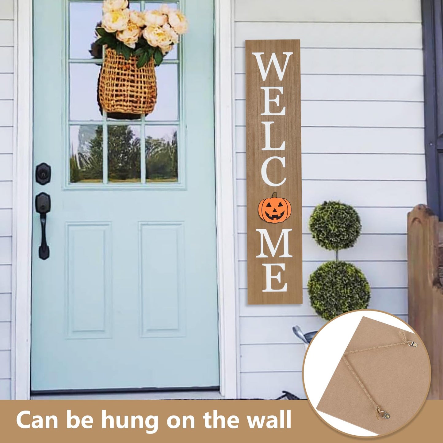 Interchangeable Welcome Sign for Front Porch- 45"X9" Large Standing/Hanging Wooden Sign with 12 PCS Replaceable Icons for 4th of July Fall Halloween Porch Wall Yard Decorations