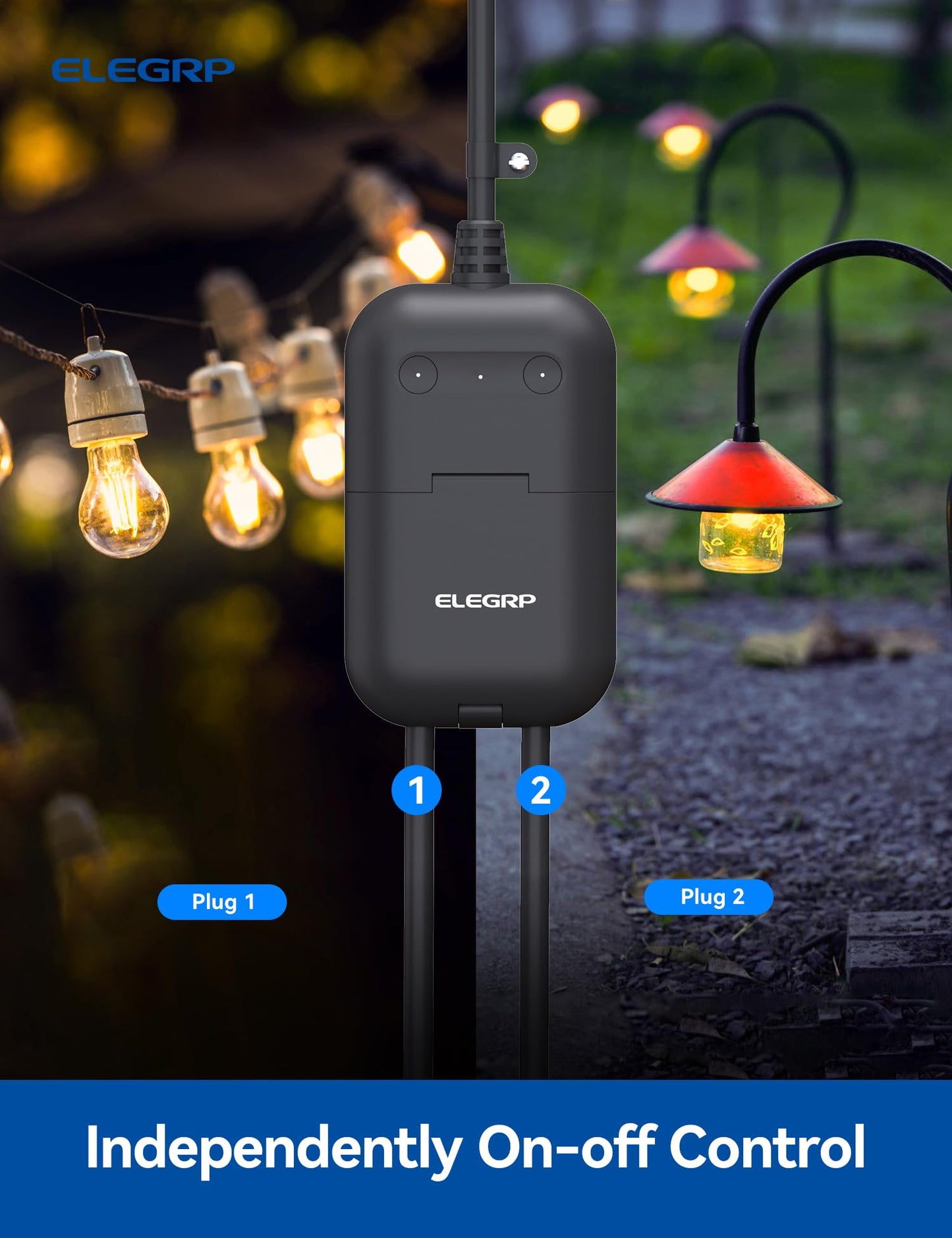 ELEGRP PQR20 Outdoor Smart Plug Waterproof IP66, WiFi Plug with 2 Individually Sockets, Compatible with Alexa & Google Assistant, Smart Outdoor Outlet for String Lights, UL Certified, 1 Pack, Black