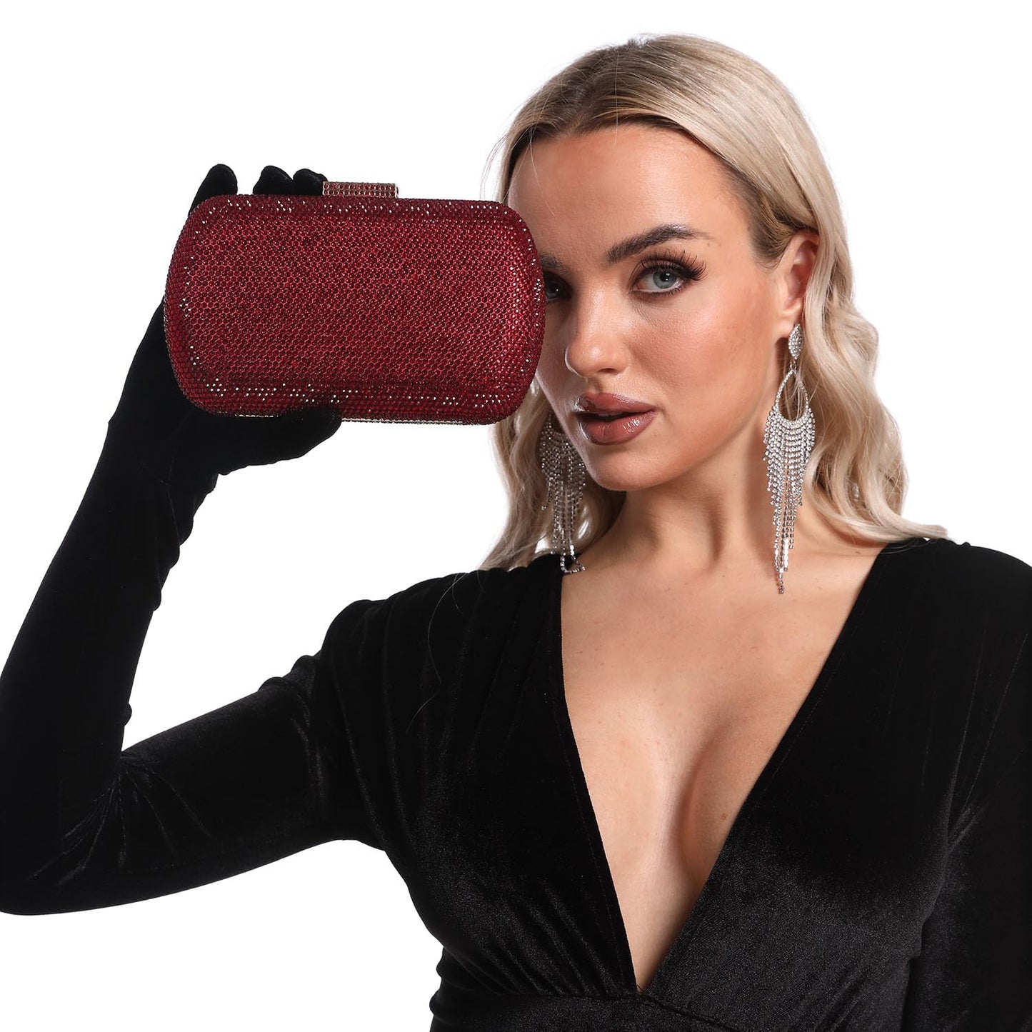 Boutique De FGG Rhinestone Clutch Purse Evening Bags and Clutches for Women Formal Crystal Clutch Bag Wedding Handbags,Mini,Burgundy