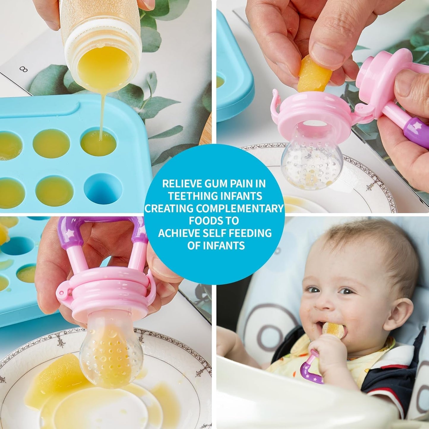 Anteecana Silicone Baby Food Teether Feeder, Breastmilk Popsicle Molds, 2 Pack Freezer Tray with Lid, 3 Sizes Food Pouches