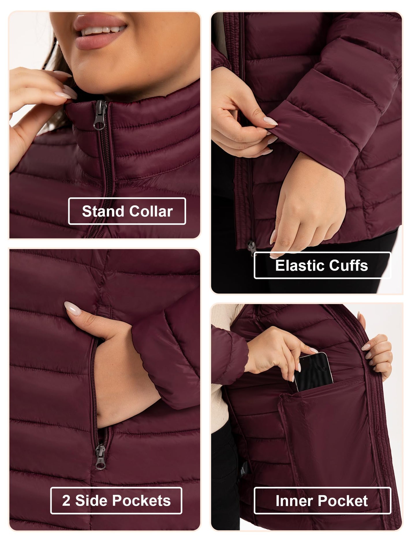 ANOTHER CHOICE Plus Size Puffer Jacket for Women, Lightweight Packable Stand Collar Winter Puffer Coat, Wine, 3X