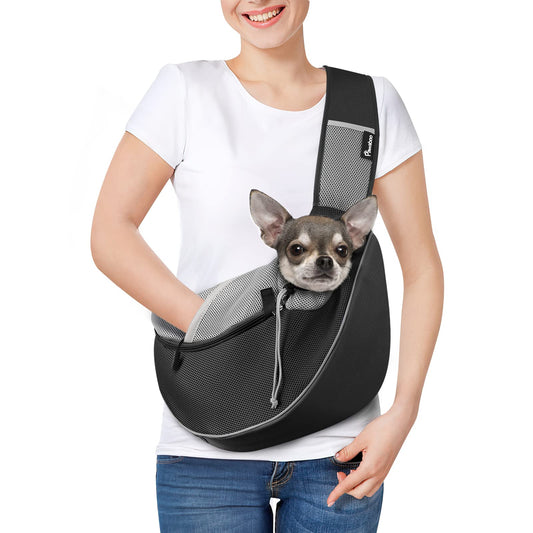 Pawaboo Dog Sling Carrier, Dog Papoose with Zipper Touch Pocket, Hand Free Breathable Mesh Puppy Carrier, Crossbody Satchel Dog Purse with Adjustable Strap for Outdoor Travel, Black, Small