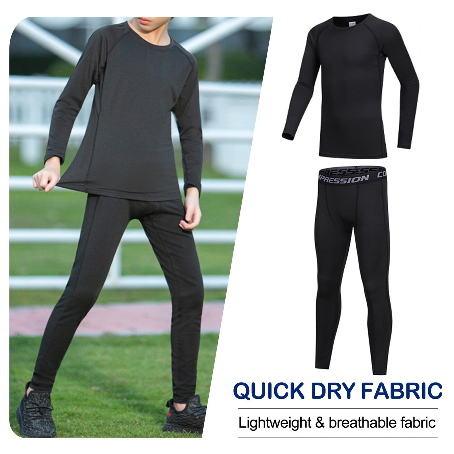 SS COLOR FISH Boys Compression Shirt Long Sleeve and Pants Set Youth Undershirts Athletic Tights Baselayer for Kids Baseball Black