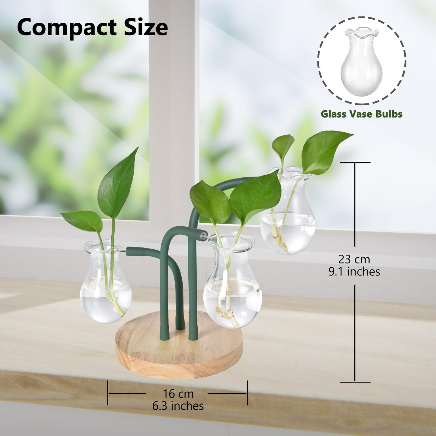 SuJolly DIY Plant Propagation Stations with 3 Flexible Arms, 3 Stylish Glass Vase Bulbs & Oak Wooden Base, Unique Gifts for Plant Lovers, Garden Women, Home or Office Decor, Housewarming Gift Ideas