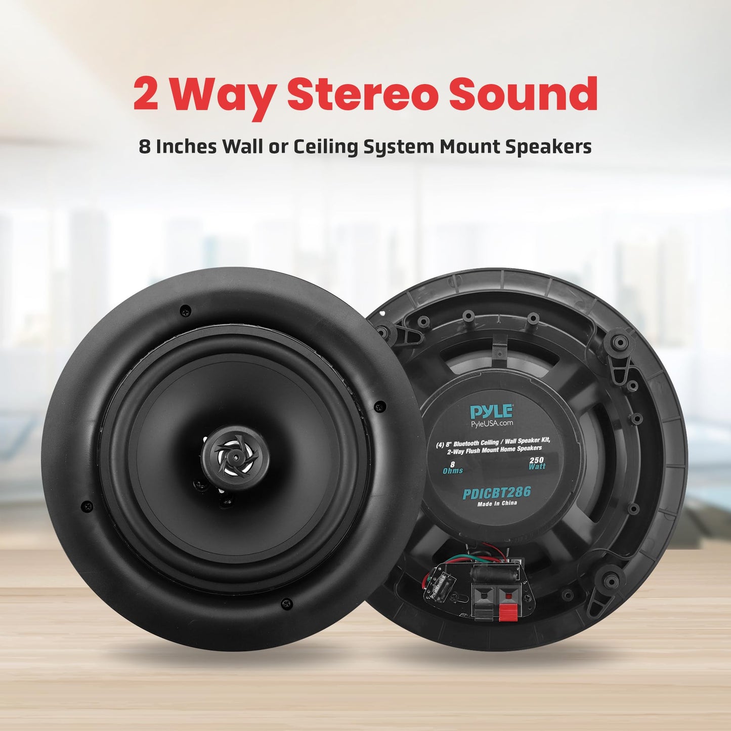Pyle 8” 4 Bluetooth Flush Mount - In-wall In-ceiling 2-Way Speaker System Quick Connections Changeable Round/Square Grill Polypropylene Cone & Tweeter Stereo Sound 4 Ch Amplifier 250 Watt - PDICBT286