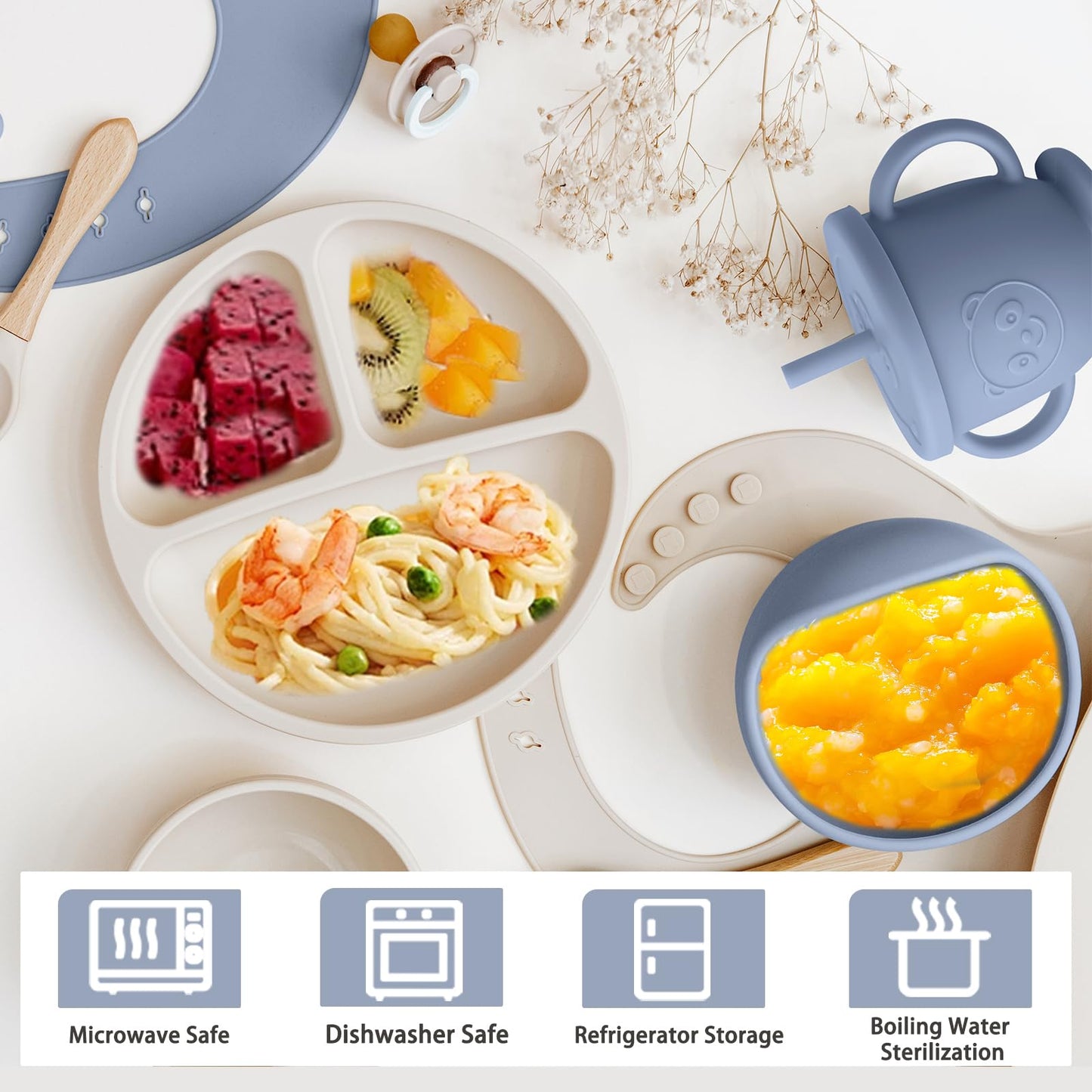 Munlinder Silicone Baby Feeding Set | Baby Led Weaning Supplies Includes Suction Bowls and Divided Plates, Adjustable Bib, Baby Utensils Spoons and Forks,Cup | Baby Feeding Essentials (Blue Gray)