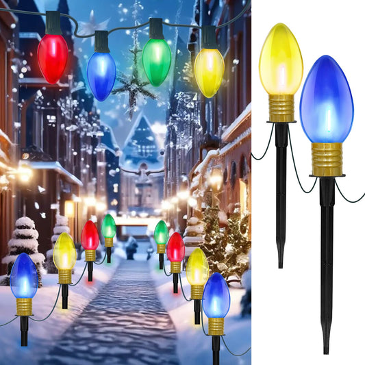 C9 Christmas Multicolor Pathway Lights, 7Ft Outdoor Christmas Pathway Markers Stakes Lights with 4 Jumbo C9 Multicolor LED Bulbs, Connectable Christmas Walkway Lights for Driveway Yard Lawn Garden